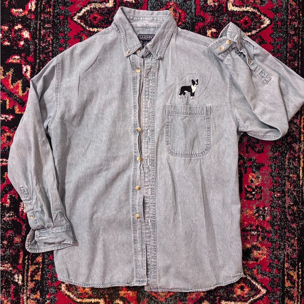 Boston Terrier Embroidered Denim Shirt Vintage 90’s
